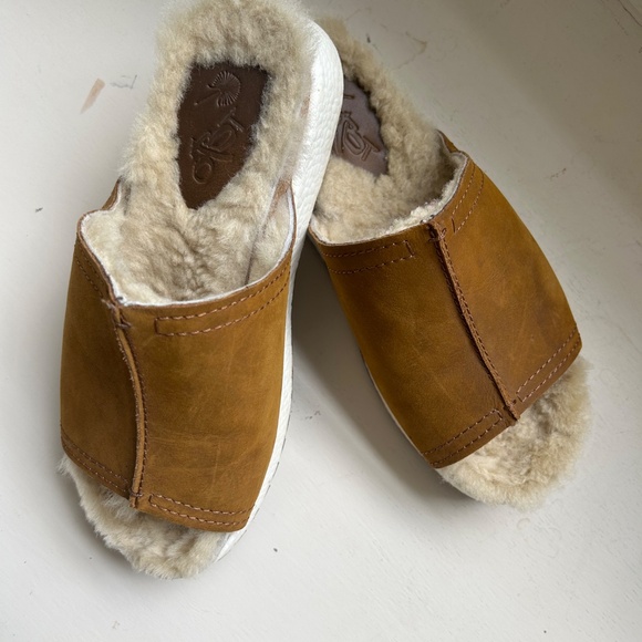 OTBT Wayside Platform Slides Shoes Brown Suede Shearling Lined - Picture 4 of 4